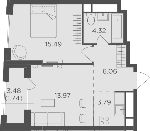 2Е-комнатная, 45.37 м²– 2