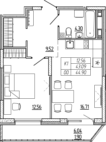2Е-комнатная, 44.9 м²– 2