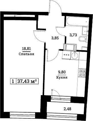 1-комнатная, 37.43 м²– 2