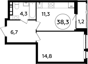 1-комнатная, 38.3 м²– 2
