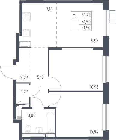 3Е-комнатная, 51.5 м²– 2