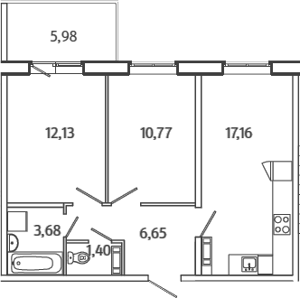 3Е-комнатная, 53.58 м²– 2