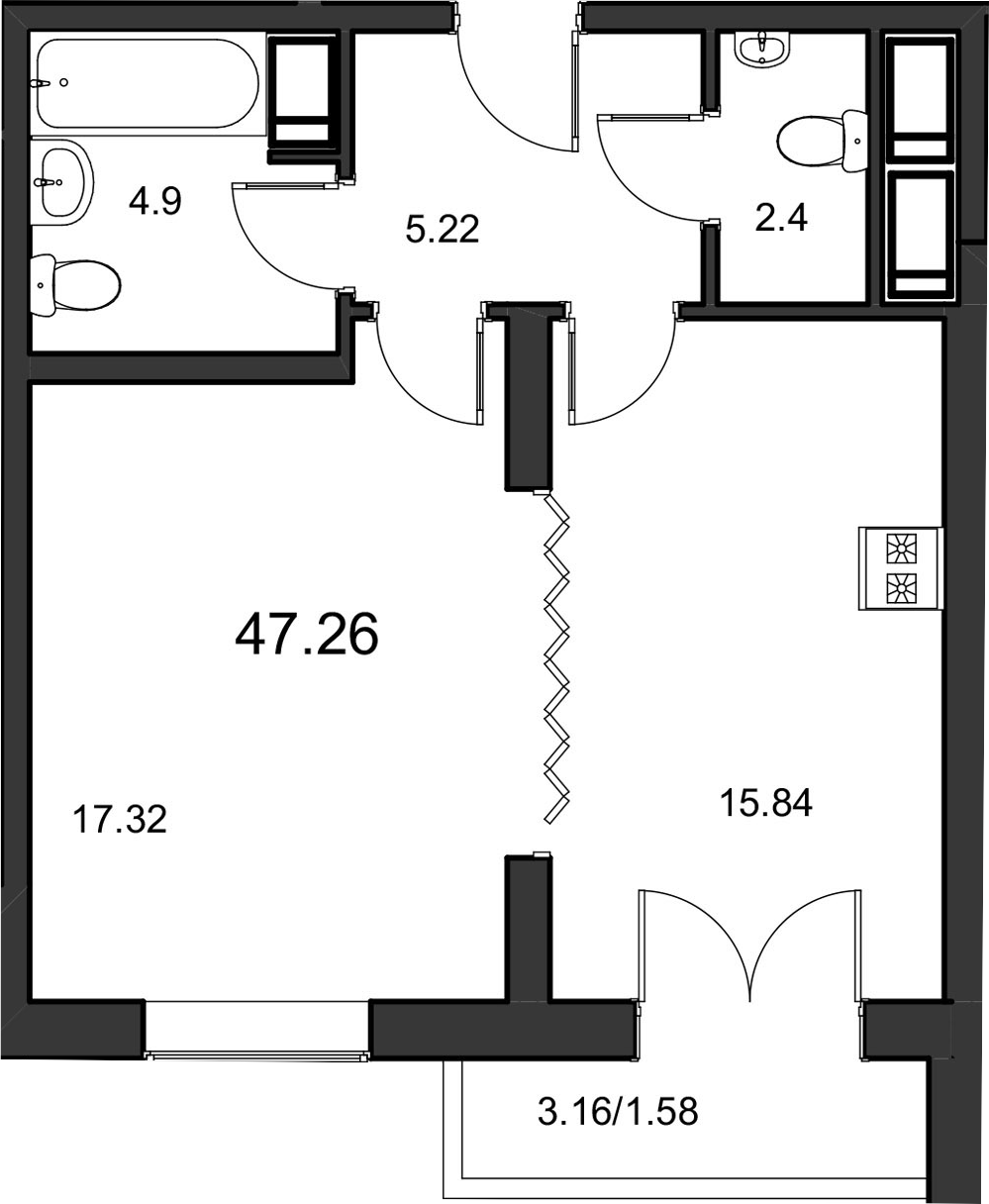1-комнатная, 47.26 м²– 2