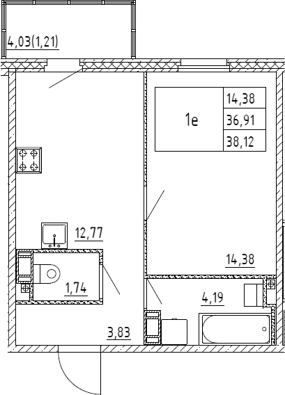 2Е-комнатная, 38.12 м²– 2
