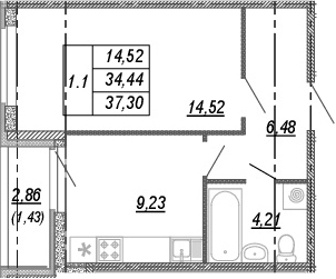 1-комнатная, 34.44 м²– 2
