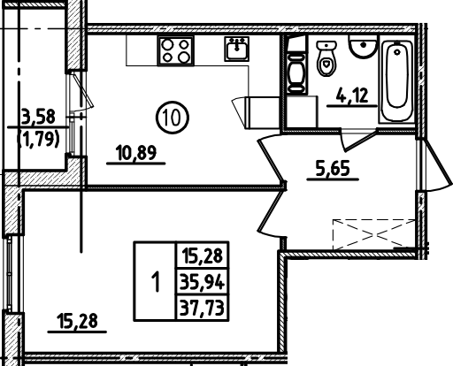 1-комнатная, 37.73 м²– 2