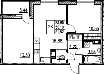 3Е-комнатная, 51.82 м²– 2