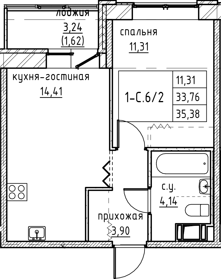 2Е-к.кв, 35.38 м²