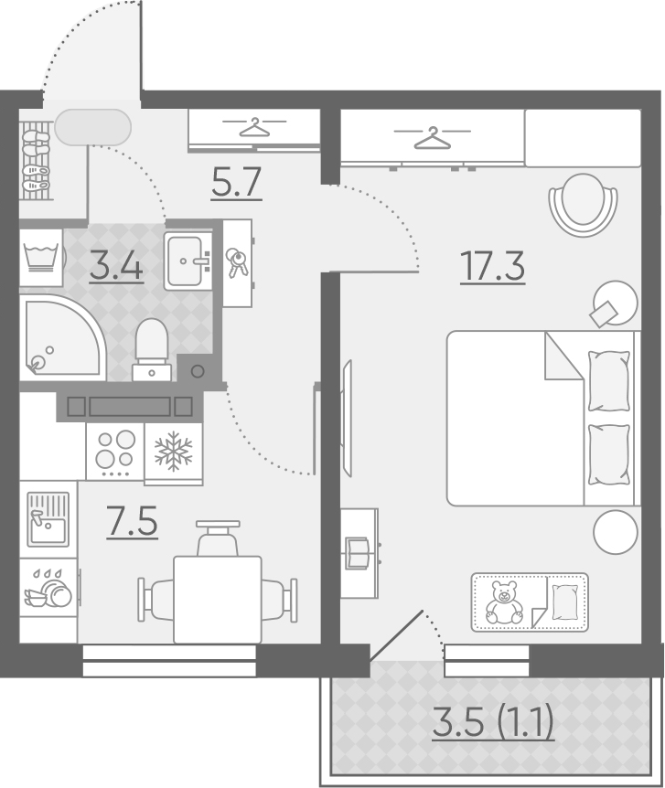 1-комнатная, 35 м²– 2