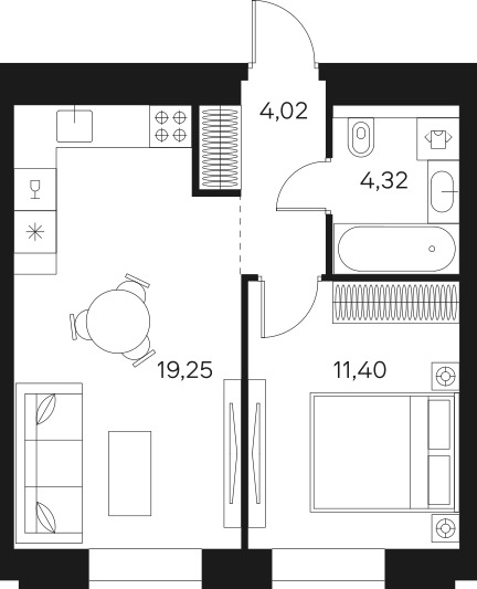 2Е-комнатная, 38.79 м²– 2