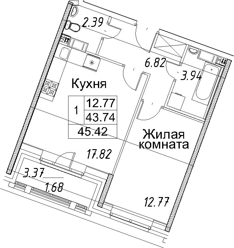 2Е-к.кв, 45.42 м²