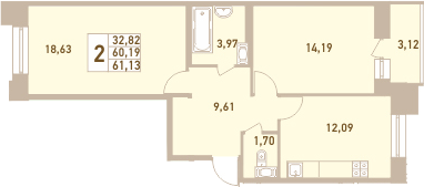 2-комнатная, 61.13 м²– 2