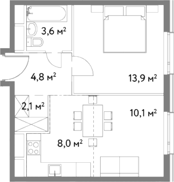 2Е-комнатная, 42.5 м²– 2