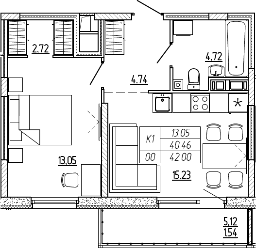 2Е-комнатная, 42 м²– 2
