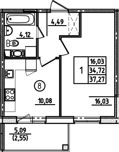 1-комнатная, 37.27 м²– 2