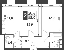 2-комнатная, 53 м²– 2