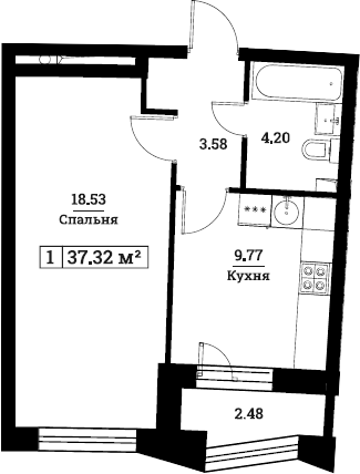 1-комнатная, 37.32 м²– 2
