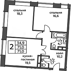 3Е-к.кв, 71 м²