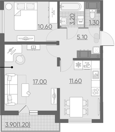 2-комнатная квартира, 50 м², 12 этаж – Планировка