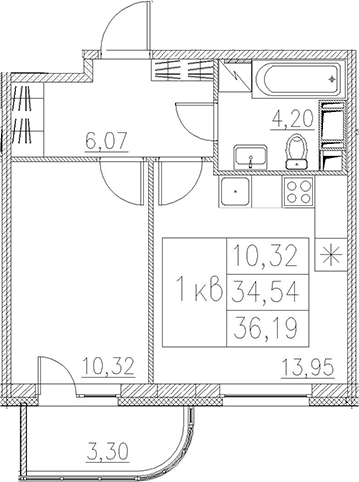 2Е-комнатная, 36.19 м²– 2