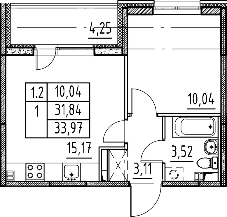 2Е-комнатная, 31.84 м²– 2