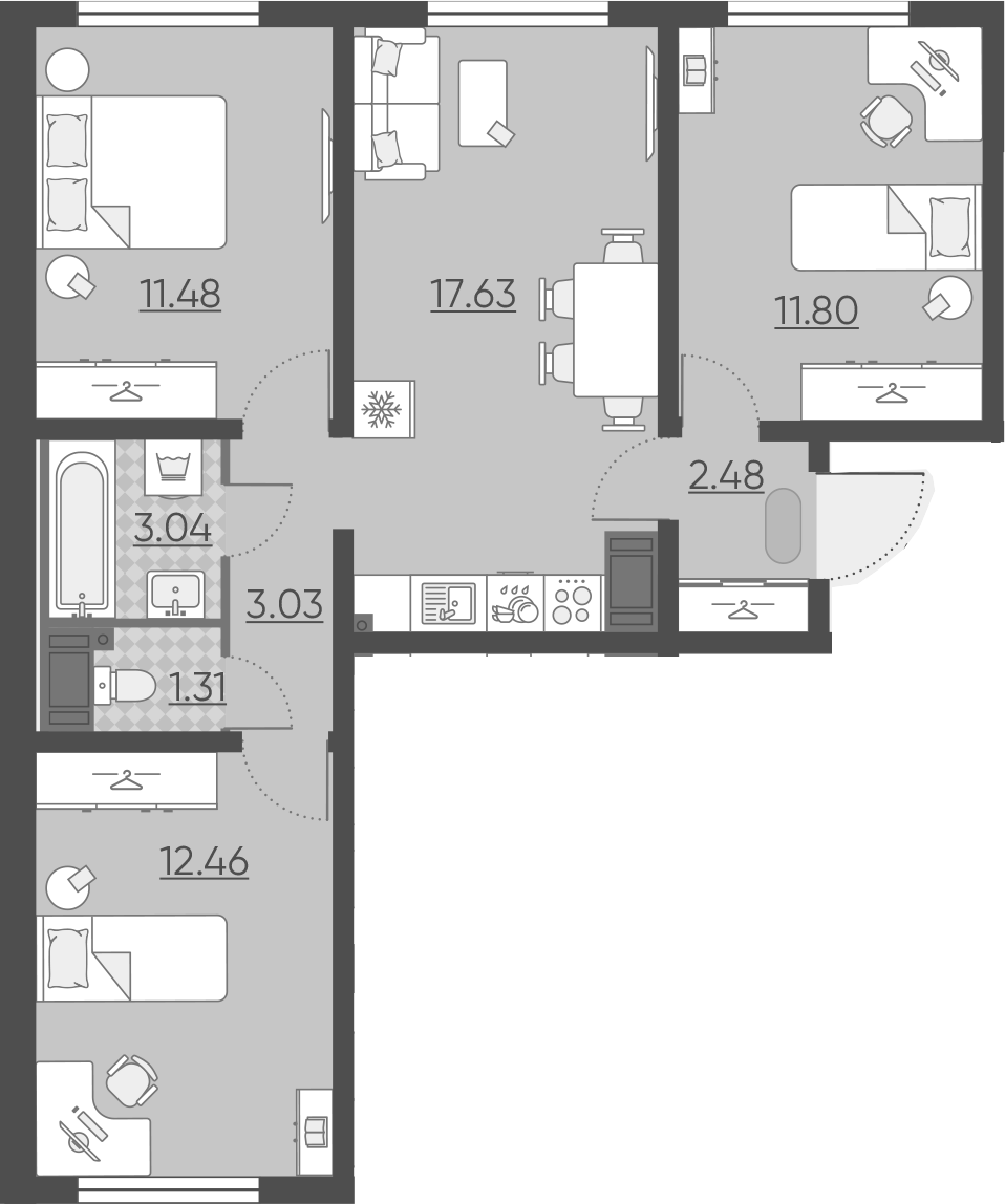 4Е-комнатная, 63.23 м²– 2