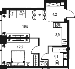 2Е-комнатная, 44 м²– 2