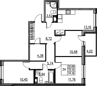 4Е-комнатная, 74.16 м²– 2