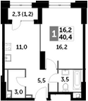 1-комнатная, 40.4 м²– 2