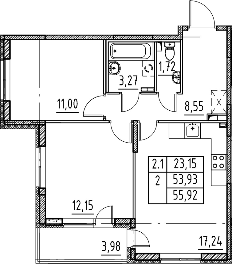 3Е-комнатная, 53.93 м²– 2