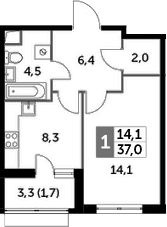 1-комнатная, 37 м²– 2