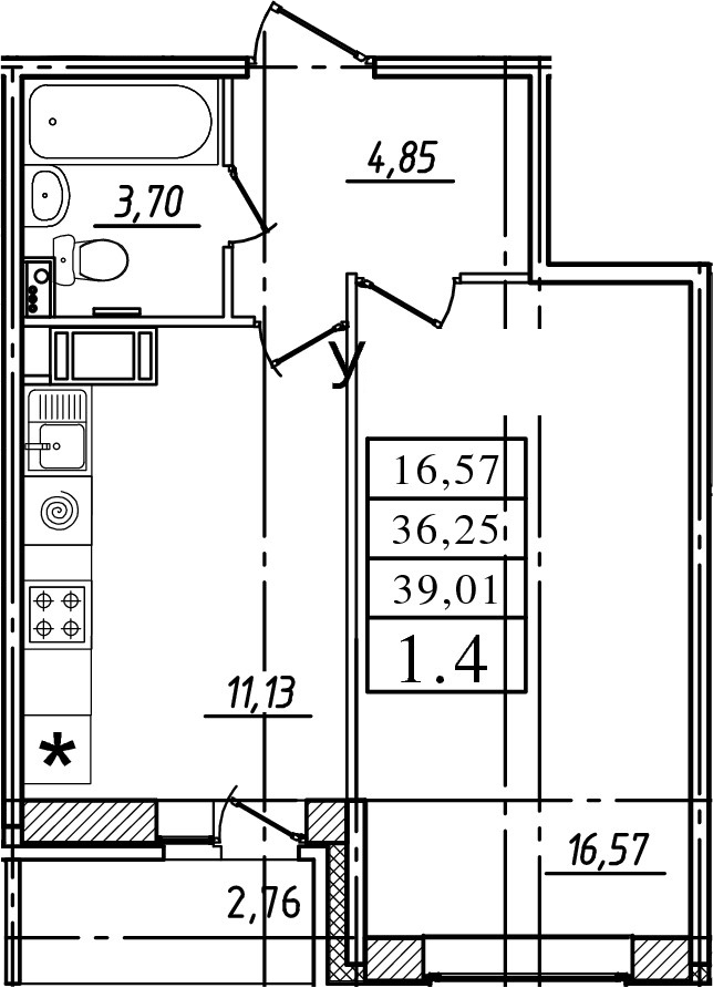 1-комнатная, 36.25 м²– 2
