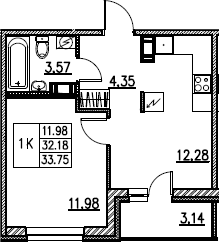 2Е-комнатная, 33.75 м²– 2