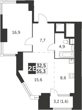 2Е-комнатная, 55.3 м²– 2