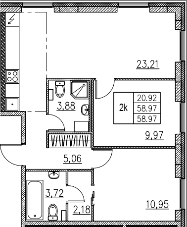3Е-комнатная, 58.97 м²– 2