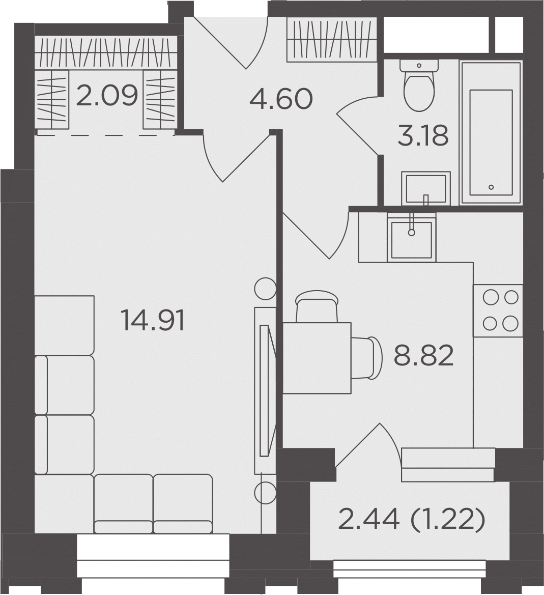 1-комнатная, 34.82 м²– 2