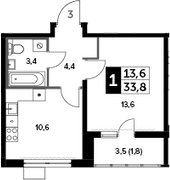 1-комнатная, 33.8 м²– 2