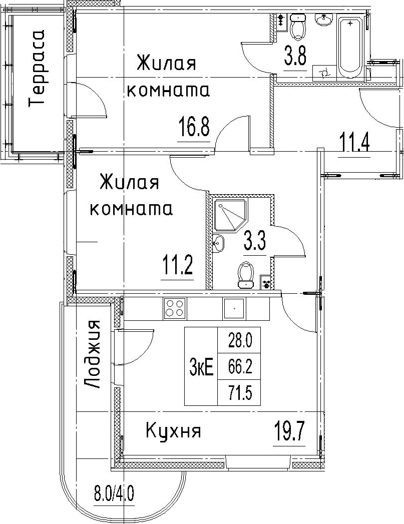 3Е-к.кв, 71.5 м²