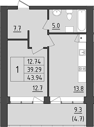 1-комнатная, 48.26 м²– 2