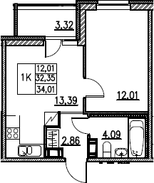 2Е-комнатная, 34.01 м²– 2