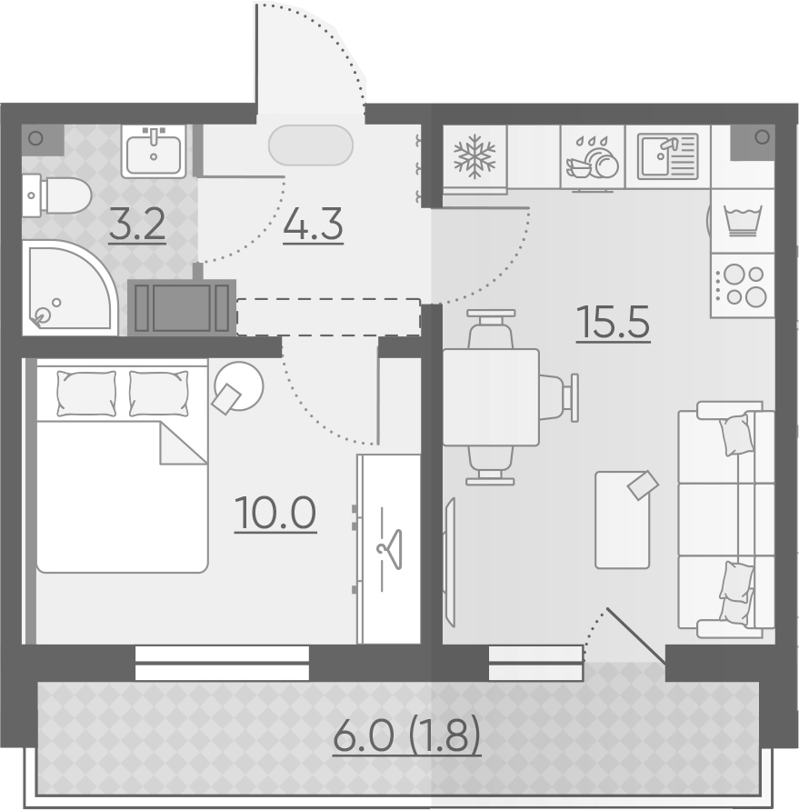 2Е-комнатная, 34.8 м²– 2