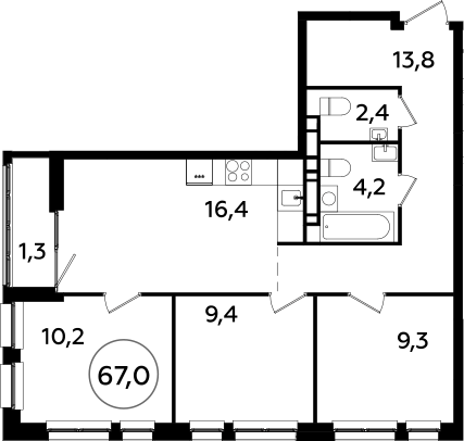 4Е-комнатная, 67 м²– 2