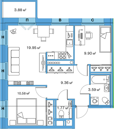 3Е-комнатная, 55.15 м²– 2