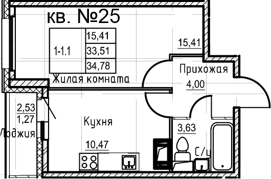 1-комнатная, 34.78 м²– 2