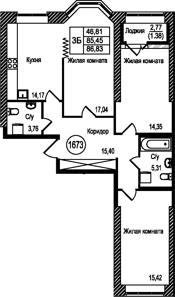 3-комнатная, 86.83 м²– 2