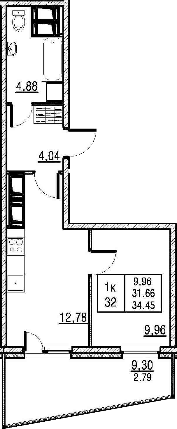 1-комнатная, 31.66 м²– 2