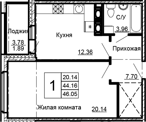 1-комнатная, 46.05 м²– 2
