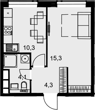 1-комнатная, 34 м²– 2