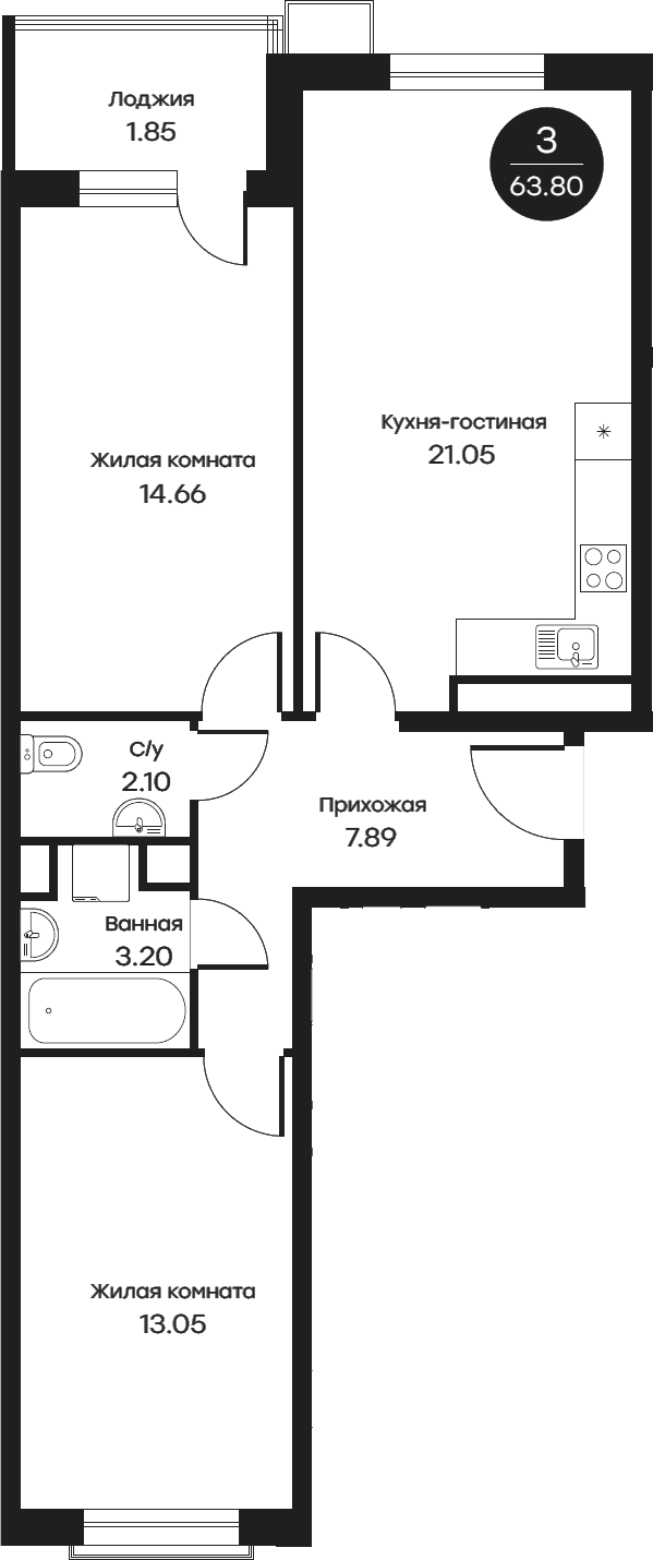 3Е-к.кв, 63.8 м²