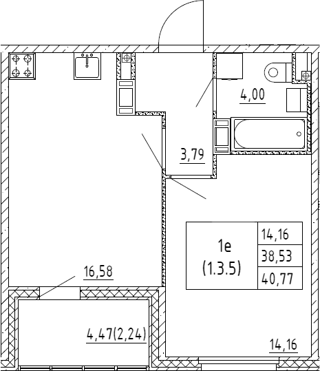 2Е-комнатная, 40.77 м²– 2